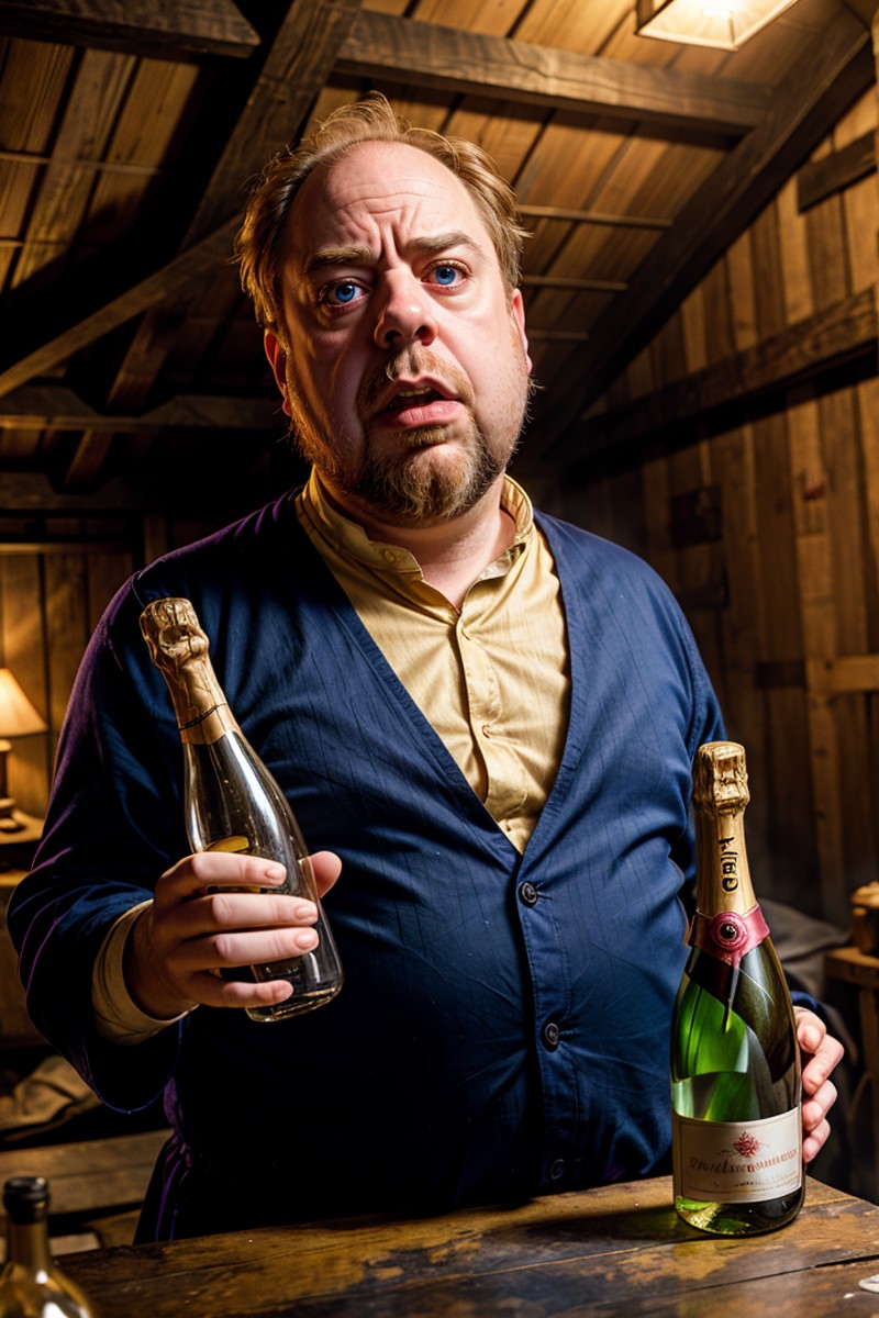 photo RAW,(a yellowish transparent ghost holds a bottle of champagne in an attic room. he looks like a medieval paul giama...